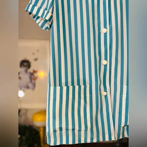 Vintage Handmade Blue White Striped Tunic Blouse Shirt Pockets - Picture 2 of 7